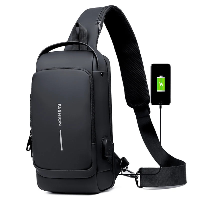 PrimeShell Bolsa Peitoral Unissex | Couro Brilhante, USB para Carregamento e Compartimentos - Hermes Imp.
