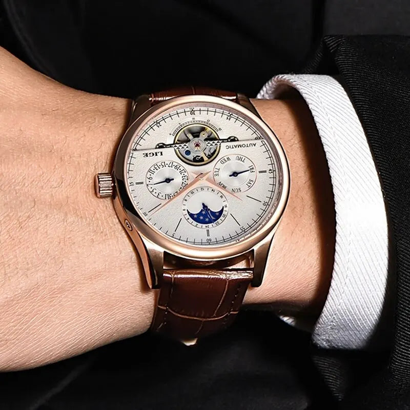 Regent Classic Relógio Automático | Couro, Tourbillon Decorativo e Moon Phase LIGE
