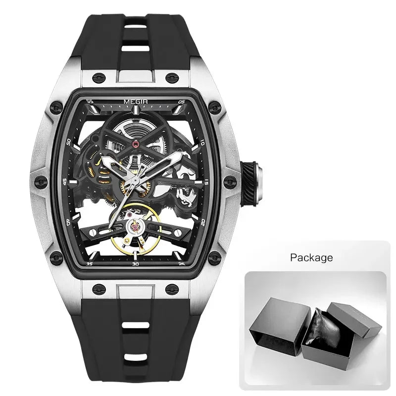 Torque Phantom Relógio Automático | Skeleton, Caixa Tonneau e Pulseira Silicone MEGIR