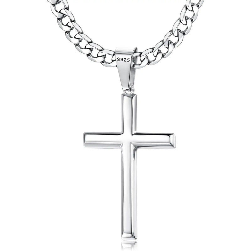 Colar Masculino Fansilver Crucifixo em Prata 925 com Corrente Cubana de Aço Inoxidável 5mm – Fé e Estilo Atemporal