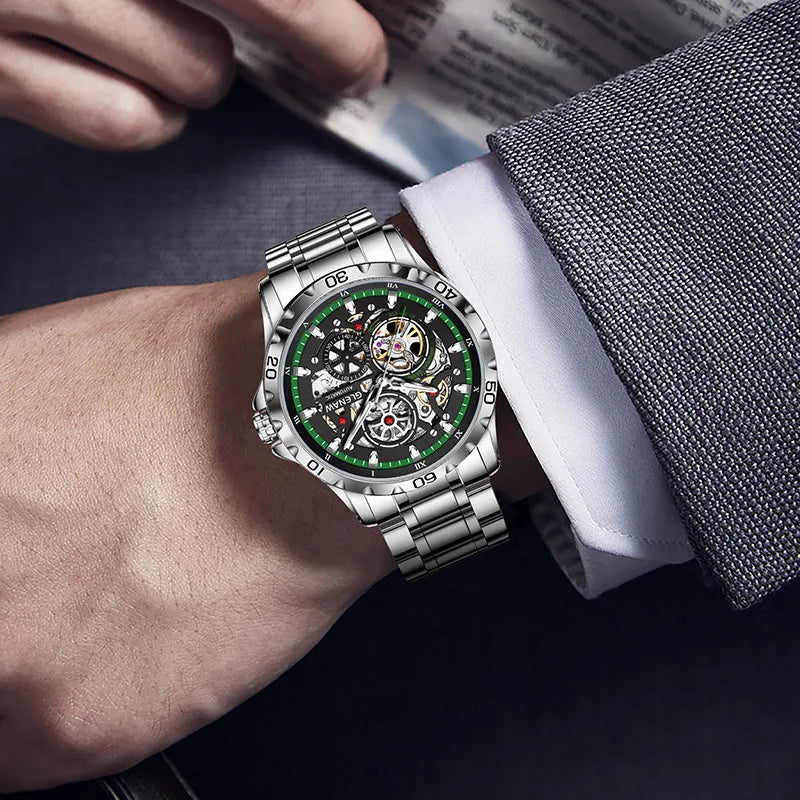 Skeleton Imperium Relógio Automático | Aço Inox, Tourbillon Exposto e Pulseira Luxuosa GLENAW