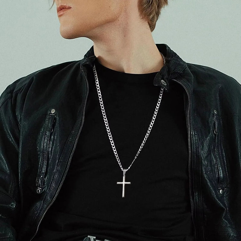 Colar Masculino Fansilver Crucifixo em Prata 925 com Corrente Cubana de Aço Inoxidável 5mm – Fé e Estilo Atemporal