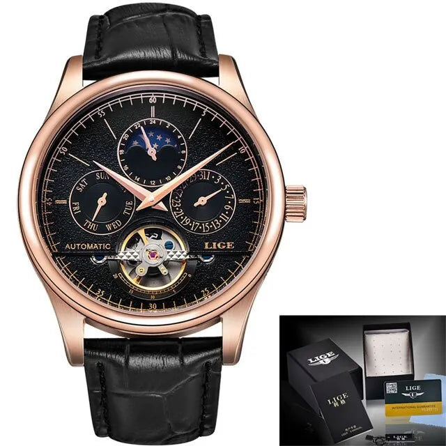 Regent Classic Relógio Automático | Couro, Tourbillon Decorativo e Moon Phase LIGE