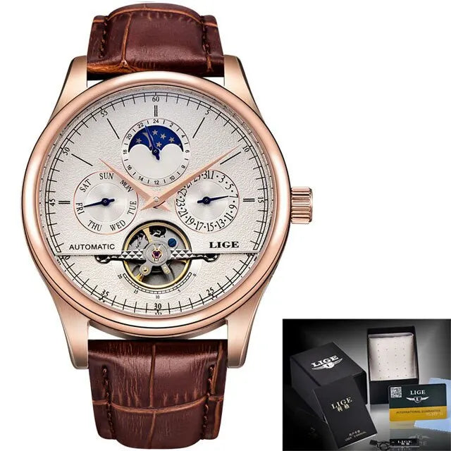 Regent Classic Relógio Automático | Couro, Tourbillon Decorativo e Moon Phase LIGE