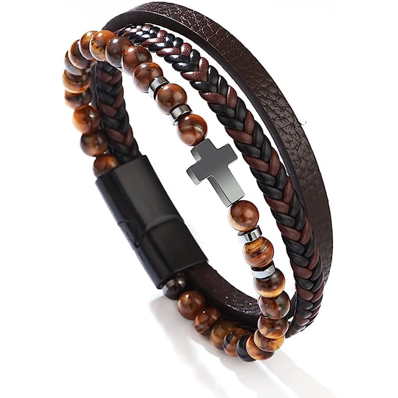 Pulseira Masculina Hermes Import em Couro Trançado com Pedra Olho de Tigre e Pingente de Cruz – Estilo Vintage