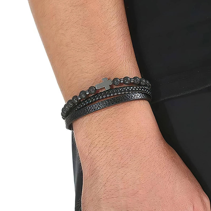 Pulseira Masculina Hermes Import em Couro Trançado com Pedra Olho de Tigre e Pingente de Cruz – Estilo Vintage