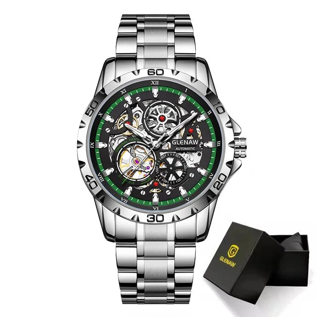 Skeleton Imperium Relógio Automático | Aço Inox, Tourbillon Exposto e Pulseira Luxuosa GLENAW