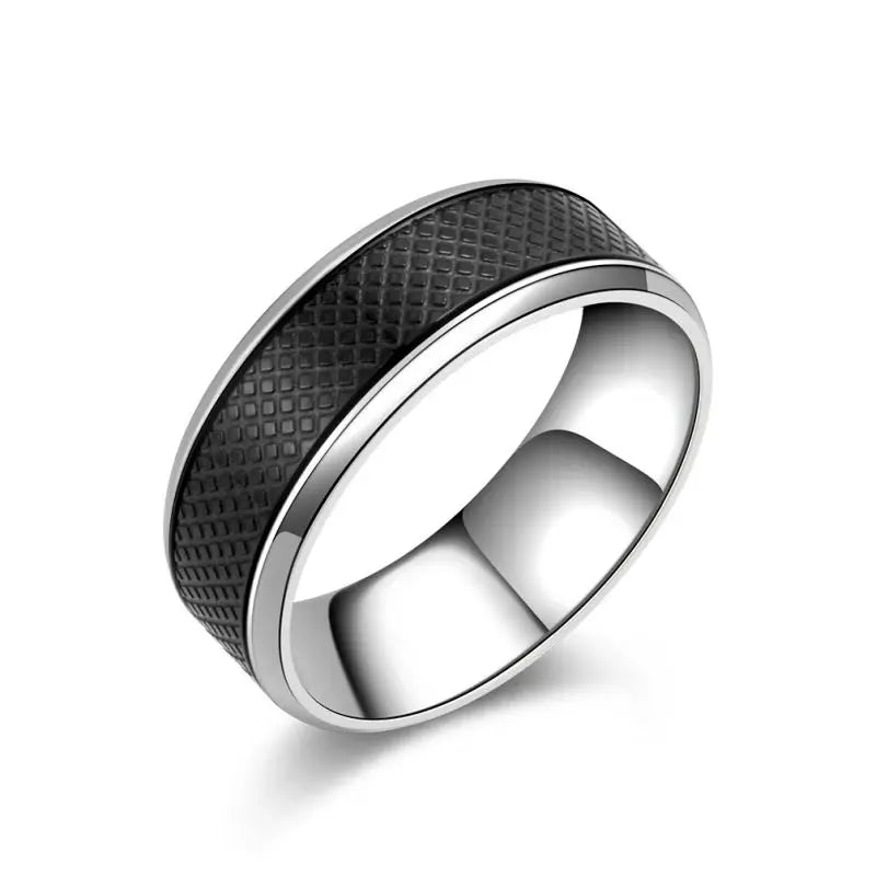Anel Masculino Hermes Import em Aço Cirúrgico Preto e Branco – Design Ocidental Moderno