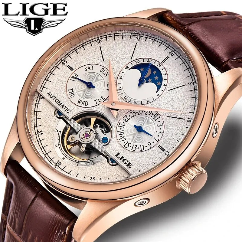 Regent Classic Relógio Automático | Couro, Tourbillon Decorativo e Moon Phase LIGE