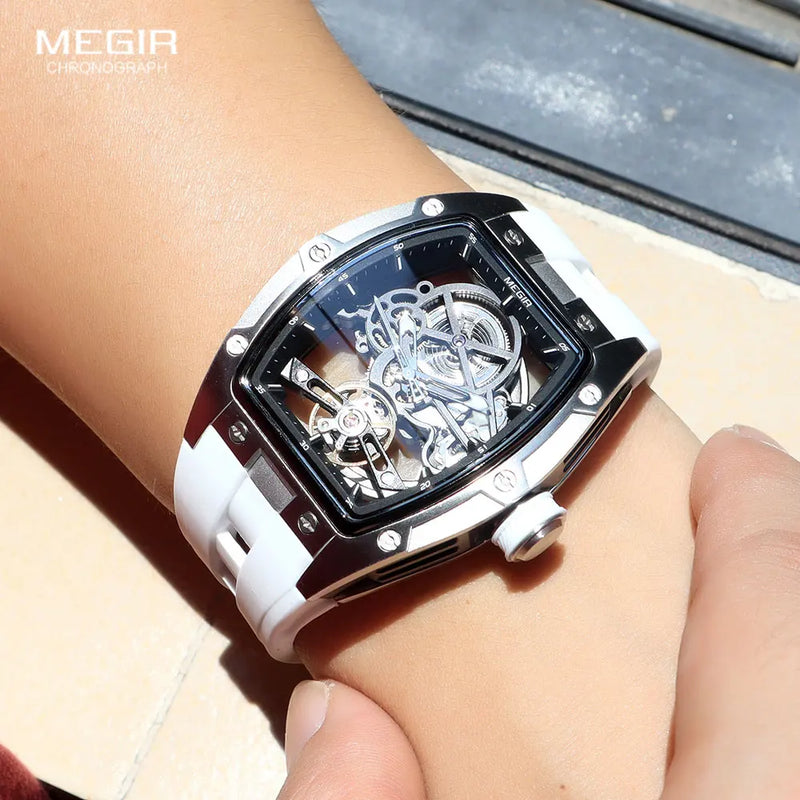 Torque Phantom Relógio Automático | Skeleton, Caixa Tonneau e Pulseira Silicone MEGIR