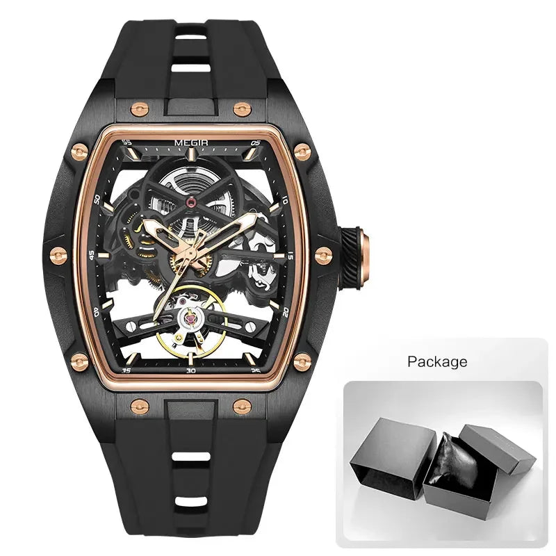 Torque Phantom Relógio Automático | Skeleton, Caixa Tonneau e Pulseira Silicone MEGIR