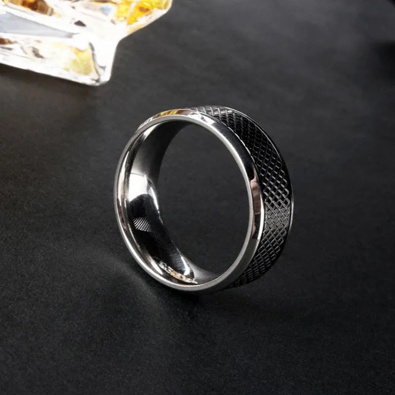Anel Masculino Hermes Import em Aço Cirúrgico Preto e Branco – Design Ocidental Moderno