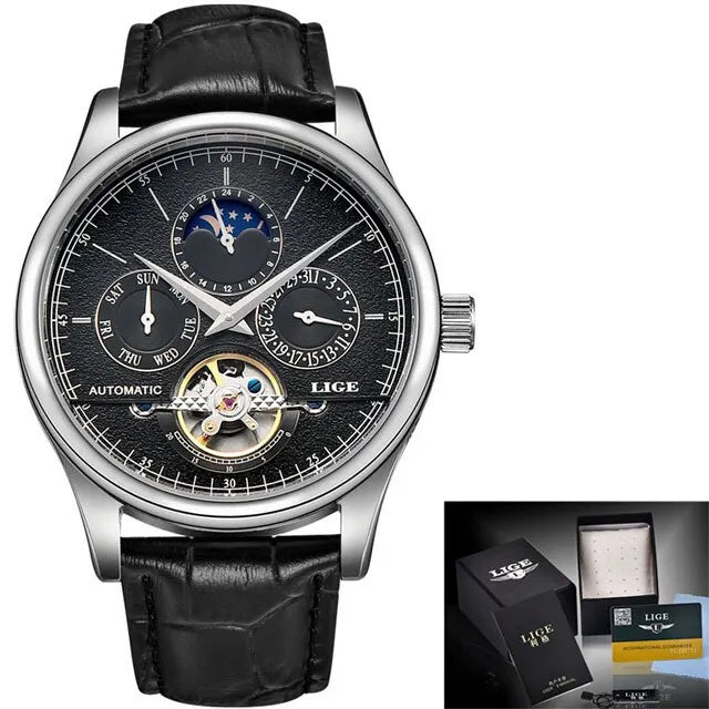 Regent Classic Relógio Automático | Couro, Tourbillon Decorativo e Moon Phase LIGE