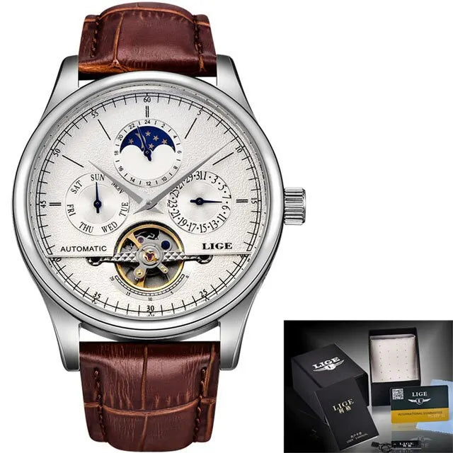 Regent Classic Relógio Automático | Couro, Tourbillon Decorativo e Moon Phase LIGE