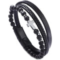 Pulseira Masculina Hermes Import em Couro Trançado com Pedra Olho de Tigre e Pingente de Cruz – Estilo Vintage