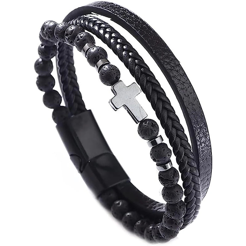 Pulseira Masculina Hermes Import em Couro Trançado com Pedra Olho de Tigre e Pingente de Cruz – Estilo Vintage