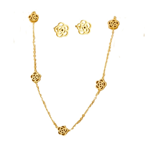 Conjunto Hermes Import Camélia Dourada em Aço Inoxidável 316L – Colar, Pulseira e Brinco